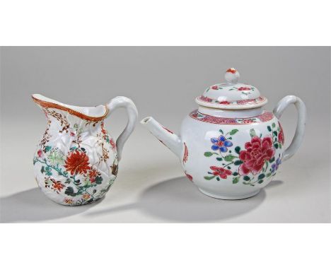 19th Century Chinese porcelain teapot, famille rose, with flowers, together with a Japanese jug, (2)