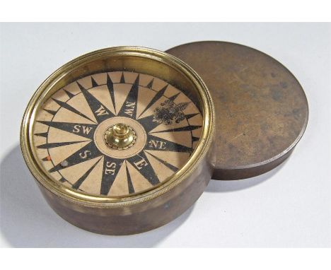 19th Century brass cased dry card compass, the circular brass case with card compass, 8cm diameter