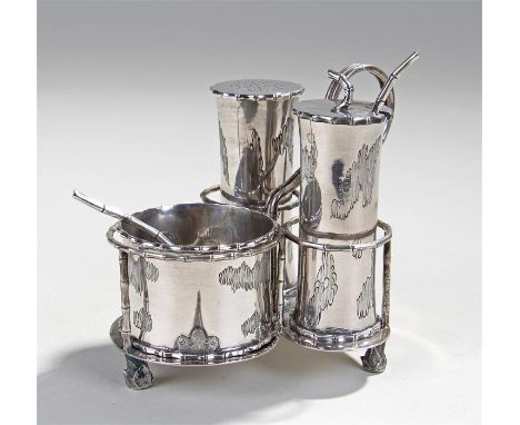 19th Century Chinese silver cruet set, maker Lee Ching, with two long cylindrical containers for salt and pepper, an opened t