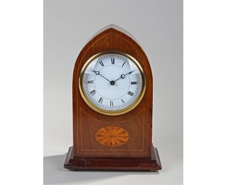 Early 20th Century mahogany and inlaid lancet timepiece, the lancet case with fan inlay, white enamel dial with black Roman h