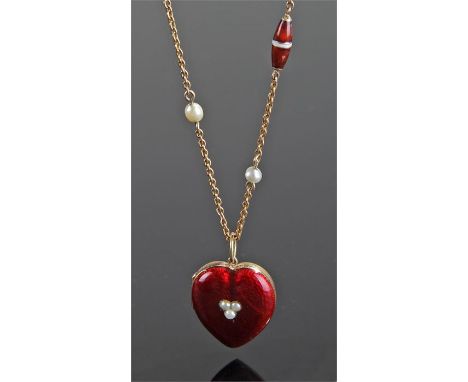 9 carat gold, pearl and enamel set heart locket and chain, the chain with pearl and enamel bead decoration, heart shaped lock