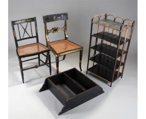 Regency black painted single chair, with painted cherub back above a cane seat, together with another chair, a shelf and a fi