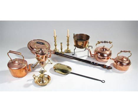 Mixed works of art, to include a warming pan, a pair of candlesticks, a single stick, three copper tea pots, a tea pot and bu