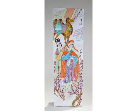 Chinese Republic period tile, of large proportions, with a camel and two ladies, signed top right, 77cm x 23.5cm