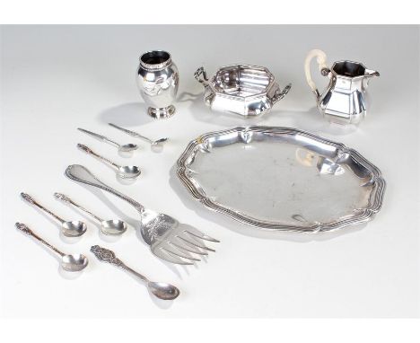 Dutch silver, to include a jug and bowl, a silver vase, silver spoons, total weight 14.2oz, together with a white metal tray 