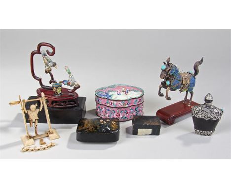 Mixed Chinese works of art, to include two cloisonne models, a bone gymnastic figure, two boxes, an enamel box and a snuff bo
