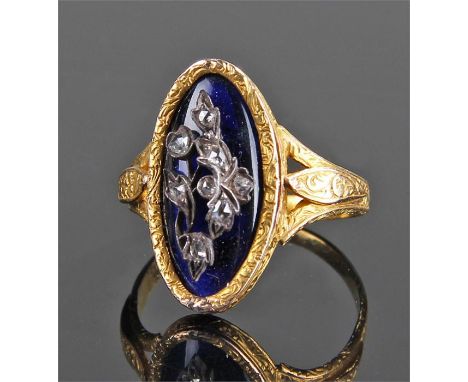 19th Century gold, enamel and diamond set ring, the blue enamel ground with diamond set flowers, high carat gold shank with e