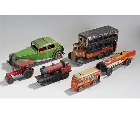 Mixed toys, to include the train the Royal Scot, an English bus, two racing cars, another bus and a tractor, (6)