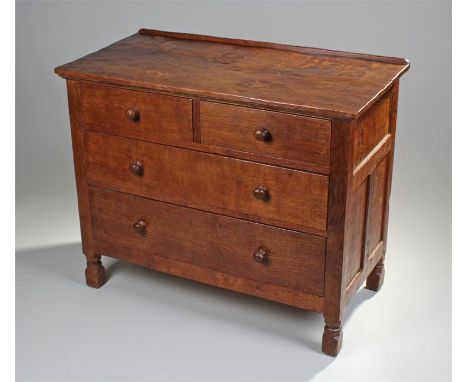 1930's Robert ``Mouseman`` Thompson oak chest of drawers, with gallery back, the overhanging top, above two short and two lon