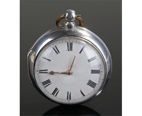 George IV silver pair case pocket watch, W.K.B. Beccles, No 37280, case assayed London 1824, the white enamel dial with black