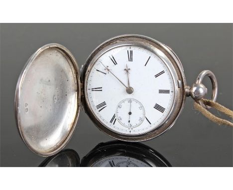 Victorian silver hunter pocket watch, London, 1877, the engine turned case with white enamel dial and subsidiary dial, case 5