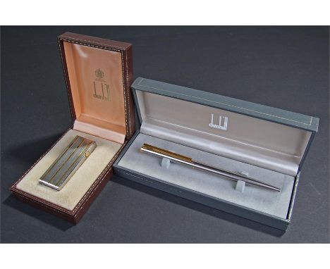 Dunhill lighter and pen, the cased lighter with gilt line design, together with a steel Dunhill ball point pen, (2)