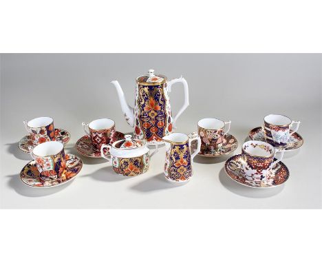 Royal Crown Derby "Curator's Collection" harlequin coffee set, each with polychrome decorations, stamped bases, to include si