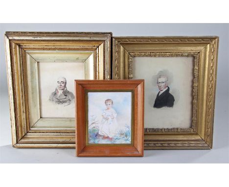 Three 19th Century miniatures, to include the portrait of a gentleman, 13cm x 16.5cm, another of a gentleman in glasses, 17cm