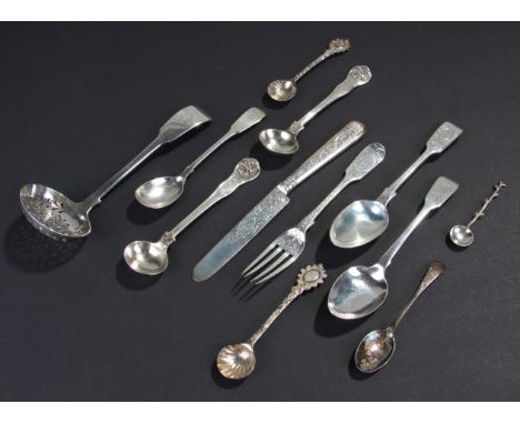 Mixed silver flatware, George III to 20th Century, to include mustard spoons, sifter spoon, fork and a knife, total weight 7.