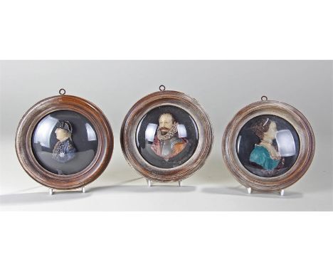 Three 19th Century wax portrait miniatures, the portraits depicting Lady Blessington of Dublin, Admiral Phillips and Sir Walt