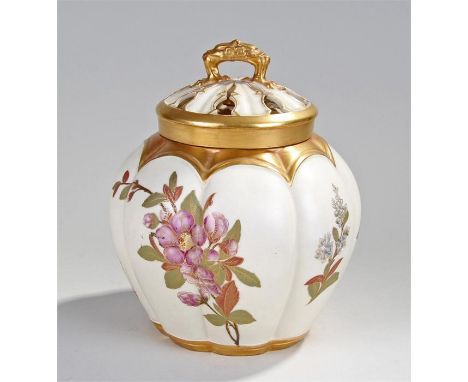 Royal Worcester blush ware pot pourri jar and cover, the pierced cover above an internal cover, gadrooned body painted with f