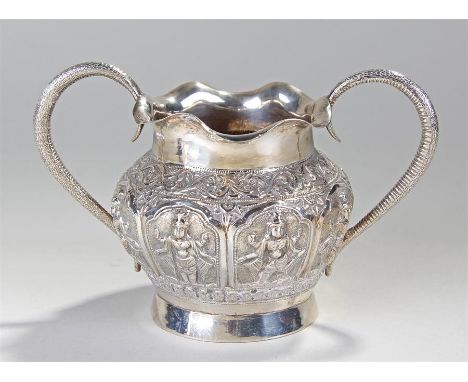 19th Century Indian silver sugar basin, with snake body handles, swag foliate borders and figural main body, 16cm wide, 10.5c