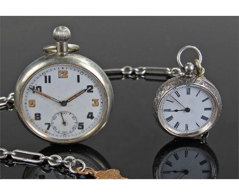 Open face military pocket watch, the white enamel dial with Arabic numerals, subsidiary seconds dial, military markings to th