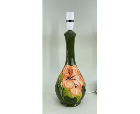 MOORCROFT 'HIBISCUS' POTTERY TABLE LAMP, in green and apricot colourway, 33cms h