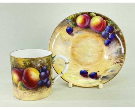 ROYAL WORCESTER COFFEE CAN & SAUCER, hand-painted with fruit, the coffee can signed 'E. Townsend', the saucer signed 'W. H. A