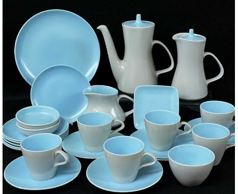 POOLE POTTERY COFFEE SERVICE, bright blue and mushroom colourway, 6 cups, saucers & plates, bread & butter plate, coffee pot,