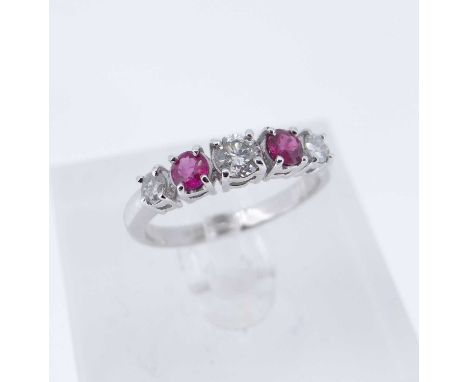 RUBY & DIAMOND FIVE-STONE RING, diamonds tot. wt. approx. 0.35cts, rubies 0.3cts (probably treated) in 18k white gold shankSi