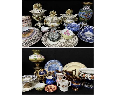 ASSORTED CONTINENTAL &amp; OTHER CERAMICS &amp; ORNAMENTS, including brass oil lamp, QVC globe, planter, Chinese cloisonne va