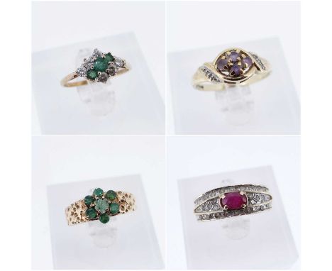 FOUR 9CT GOLD GEM SET RINGS comprising emerald cluster ring, emerald and diamond ring, ruby and diamond chip ETC, 9.9gms gros