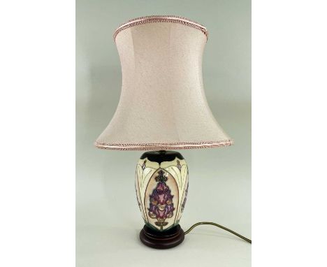 MOORCROFT 'FOXGLOVE' POTTERY TABLE LAMP, designed by Rachel Bishop, 20cms h (incl base)