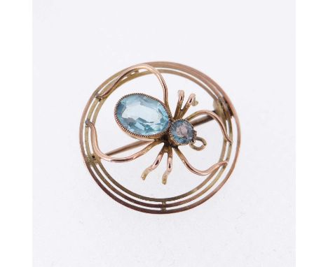 EDWARDIAN 9CT GOLD &amp; AQUAMARINE SPIDER BROOCH, in Austin &amp; Williams pink leather and turquoise velvet case, pin stamp