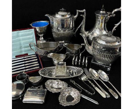 ASSORTED COLLECTIBLE SILVER & PLATE, including Victorian navette-shaped inkstand with cut glass ink bottle, Chester 1900; two