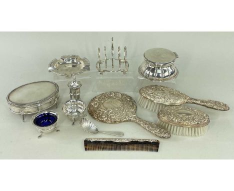 ASSORTED SILVER ITEMS, including oval trinket box, 5-bar toast rack, 3 pc cruet, Celtic border ashtray, caddy spoon and inkwe