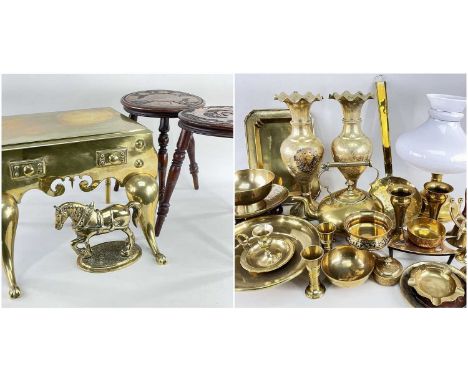 ASSORTED BRASSWARE, including 19th Century footman, pair Indian vases, oil lamp with opaque white glass shade, chestnut shove