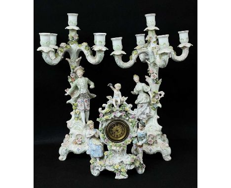 PAIR GERMAN PORCELAIN FIGURAL 5-LIGHT CANDELABRA, modelled with lady and gallant in 18th C dress, 44cms h; and a similar mant