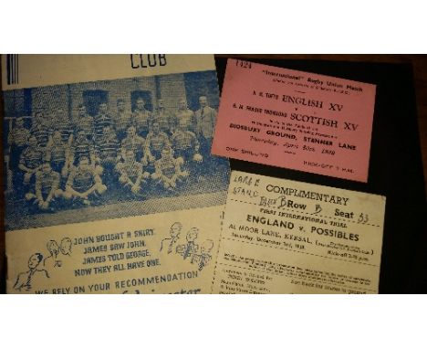 RUGBY UNION, selection, inc. programme, Leicester v Coventry, 19th Nov 1938; tickets, first England Trial, England v Possible