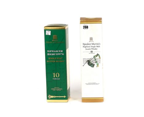 A BOTTLE OF SPEAKER MARTIN'S HIGHLAND SINGLE MALT WHISKY AND A BOTTLE OF SPEAKER BERCOW'S 10 YEARS OLD SINGLE MALT SCOTCH WHI