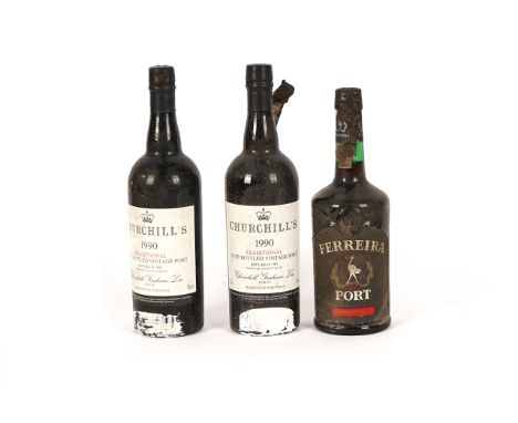 THREE BOTTLES OF PORT (3)Comprising;2x 75cl 1990 Churchill's Traditional LBV1x 75cl Ferreira Superior Ruby