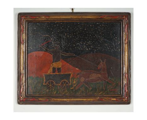 Vibrant folk art painting by Amos, depicting a stylized figure with raised whip riding in a wagon drawn by a spotted animal u