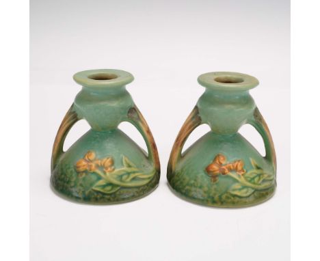 This lovely pair of Roseville Pottery candle holders is from the Bittersweet line in the green glaze variation, model S51-3. 