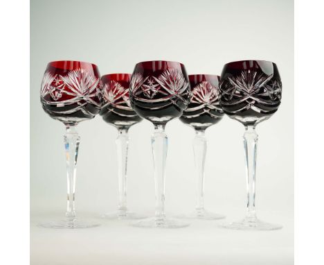 Mid century crystal wine glasses with overlay and cut-to-clear pattern, set of 5. Each glass is made of crystal with overlay.