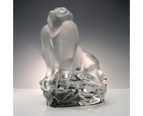 Striking Baccarat sculpture of a seated gorilla rendered in satin-finished (frosted) and clear crystal glass. The expressive 