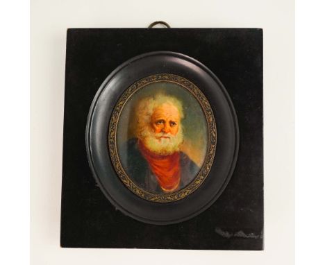A charming antique miniature portrait of an elderly man, exquisitely hand-painted with intricate details that capture his wis