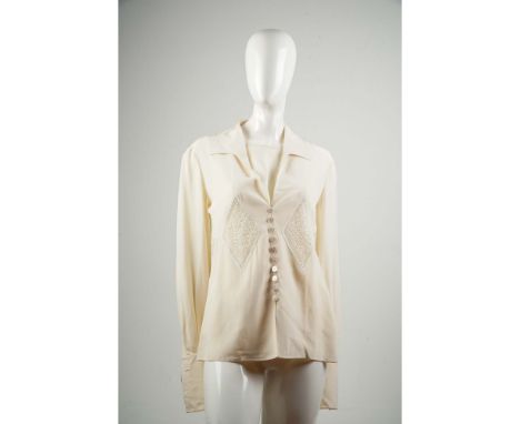 Luxury vintage two-piece silk blouse set from Valentino Boutique and Miss V in a soft ivory hue, featuring intricate detailin