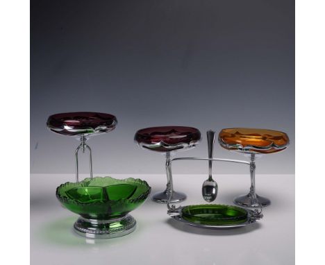 Five piece Art Deco tableware set featuring vivid colored glass bowls mounted in chrome plated metal. The set includes three 