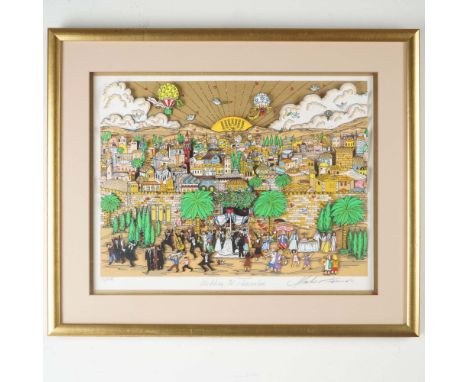 Vibrant limited edition 3D serigraph by American pop artist Charles Fazzino, titled Wedding in Jerusalem. This hand-signed, h