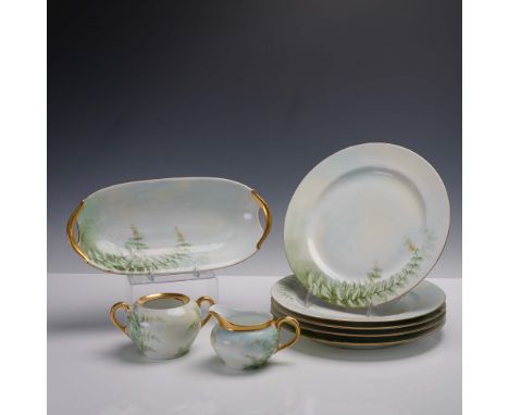 An 8 piece hand painted porcelain tableware set, each piece adorned with a serene fern leaf motif in soft green hues with del
