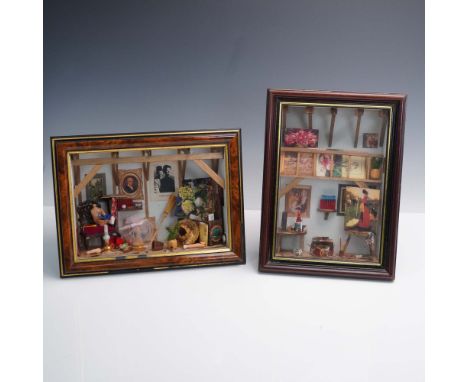 Fascinating pair of hand assembled miniature artist studio shadow box, each enclosed in a glass front wooden frame. The verti