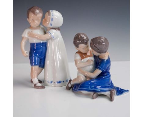 Pair of endearing porcelain figurines by Bing &amp; Grondahl depicting tender and humorous childhood moments. One features tw