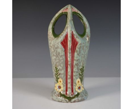 A rare and exquisite Royal Dux Art Nouveau Cathedral vase. This highly sculptural ceramic vase features an elongated, organic